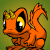 Animated contact sheet of a pixelated orange dragon-like creature with yellow eyes and golden horns performing various poses against a green gradient background.