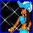 Animated pixel art of a woman in blue attire with a hat, standing against a black background as text changes from 'TO' to 'HOOD FOR YOU'