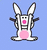 Pixelated bunny with white and gray fur, pink nose and belly, standing upright on a light blue background.