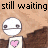 Pixelated animated contact sheet showing two frames of a character with white circular head and pink heart chest symbol against brown terrain background, text "still waiting still waiting" above.