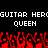 Pixelated text and red flame-like shapes on a black background, with repeated 'GUITAR HERO' and 'QUEEN' text elements.