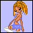 Pixelated cartoon character with orange hair in blue polka-dot bikini, seated on white object against light purple background, showing multiple poses with changing expressions and arm positions.