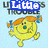 Yellow cartoon character with orange pigtails and blue hair ties, smiling on light blue background; text "Little Miss Trouble" appears in multiple configurations.