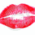 Two red lips in a kissing pose, one with white teeth visible and the other showing only lips against a plain background.