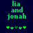 Green pixelated text 'lia and jonah' on dark blue background with green plus signs below, showing slight animation in the middle plus sign