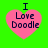 Four pink heart-shaped icons with dark blue text "I Love Doodle" on a bright green background, each icon showing slight variations in pixelation and alignment.