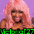 Pixelated image of a person with pink hair and purple background, featuring green and black text overlays in four