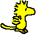 Yellow cartoon dragon with spiky mane, closed eyes, and small wings in walking animation cycle against gray background.