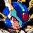 Pixelated static image of a character with blue hair, red eyes, and a blue outfit holding a white sword-like object against a black background with gold accents.