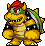 Pixel art of a yellow turtle-like character with green shell, red headband, and black spiked shoulder pads in four poses.