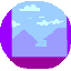 Animated sequence of a yellow bird with red beak flying toward and interacting with a light blue envelope against purple mountains and sky.