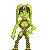 Pixel art of a green-skinned humanoid figure with long hair, wearing brown straps and checkered leggings against gray background.