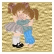 Pixelated cartoon girl with brown pigtails hugs another figure against a textured beige background.