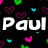 Black background with scattered pixelated hearts in pink, cyan, and green; two instances of the name "Paul" appear in white text.