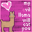 Pixelated pink background with brown llama, white text 'my evil llama will eat you', and a heart symbol changing shape across frames.