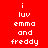 Red background with white pixelated text reading "i luv emma and freddy" arranged in four lines, where the second line is highlighted by a dark brown horizontal bar.