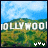 Pixelated landscape with 'HOLLYWOOD' text on hills, blue sky with clouds, and small white symbols changing below.