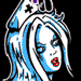 Pixelated cartoon head with blue and white hair, red lips, and a crown with purple and black details against black background.