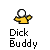 Animated contact sheet of a yellow stick figure character with white head performing hand gestures across 11 frames, each labeled "Dick Buddy" in pixelated text below.