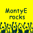 Yellow background with dark green text reading "MontyE rocks" above a of pixelated figures holding up hands