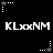 Black background with white pixelated text 'KLxxNM' repeated in two , surrounded by white and gray star-shaped icons with dotted trails