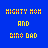 Blue background displays pixelated text 'MIGHTY MOM AND DINO DAD' in yellow and red, with visible animation changes