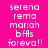 Pixelated text on a bright pink background with orange horizontal bars, displaying repeated phrases in white block letters.