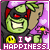 Green cartoon character with red eyes and black mask grins widely, holding pink flower, purple background with white hearts, text "I ❤️ HAPPINESS" below.