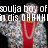 A person in a red shirt and patterned jacket with a large pink necklace, overlaid with pixelated text in a