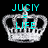 Animated crown icon with cyan text overlays changing across frames, featuring 'JUCY = LIFE', heart symbols, and 'LIVE LOVE JUICY' on a black background.