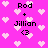 Pixelated pink background with white hearts and black text reading "Rod + Jillian <3" in two vertical