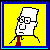 Pixelated cartoon character with white hair and glasses on yellow background, wearing red tie and yellow shirt, showing sequential hand movements.