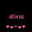 Pixelated pink text 'olivia' above five pink and purple heart icons on a black background, with one heart changing color between frames.