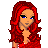 Pixelated image of a woman with long red hair and blue eyes, wearing a red dress, surrounded by red text on white background.