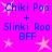 Pixelated text and star shapes on a bright pink background, with blue text reading "Chiki Poo + Slinki Roo BFF" repeated twice in a