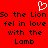 Red background with black pixelated text repeating "So the Lion So the Lion fel in love fel in love with the with the Lamb Lamb" and a white pixelated heart symbol above the text.