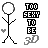 Pixelated stick figure with circular head, heart symbol, and 'TOO SEXY TO BE 3D' text in two states: one with black text on white background, another with grayed-out text.