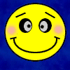 Yellow circular face with pink blush, smiling mouth, and raised eyebrows on blue background; adjacent yellow circle has straight mouth and red cheeks.
