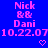 Blue background with repeated pink text "Nick && Dani" and "10.22.07" above small pink heart symbols, arranged in a pattern