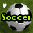 Pixelated soccer ball on green grass background with white heart above, displaying text overlays in different colors.