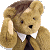 A pixelated contact sheet showing two frames of an animated buddy icon featuring a teddy bear and green text on dark background.