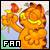 Pixelated orange and yellow figure with red accents, holding a green object against light background; black box with white text 'FAN' at bottom left.