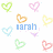 Pixelated heart-shaped icons in pastel colors surround text reading 'sarah', 'and olivia', and 'best friends' on a white background.