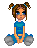 Pixel art contact sheet showing two frames of a cartoon girl with pigtails, blue shirt, and gray pants sitting in different poses against a solid gray background.