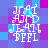 Pixelated text 'JAI HAD JEAN FEEL' in white with blue and purple background, animated color shifts between frames.