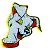 A pixelated animated icon shows a white character with red accents and yellow outlines, transitioning from a side profile to a front-facing pose against a gray background.