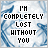 A static icon with pixelated text over a blue and white abstract background, displaying 'I'M COMPLETELY LOST WITHOUT YOU' in black capital letters.