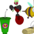Green cup with straw and circular emblem, red and black figure with bow tie, yellow bee-like creature with stripes, and brown object with smoke