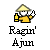 Pixelated character in yellow shirt and conical hat holding bottle and pointing, with 'Ragin' Ajin' text below on gray background.