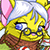 Pixelated yellow creature with blue eyes, pink ears, and brown lower body wearing white headgear.